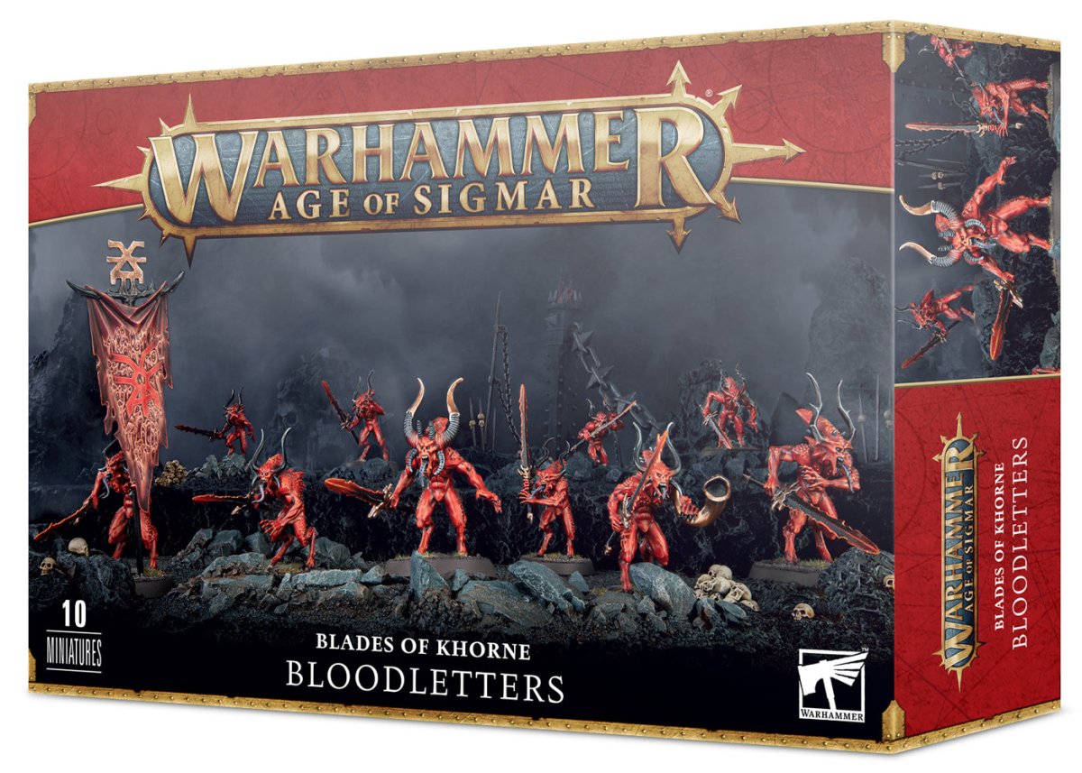 Warhammer Age of Sigmar Blades of Khorne Bloodletters box front showing 10 red daemons, Games Workshop