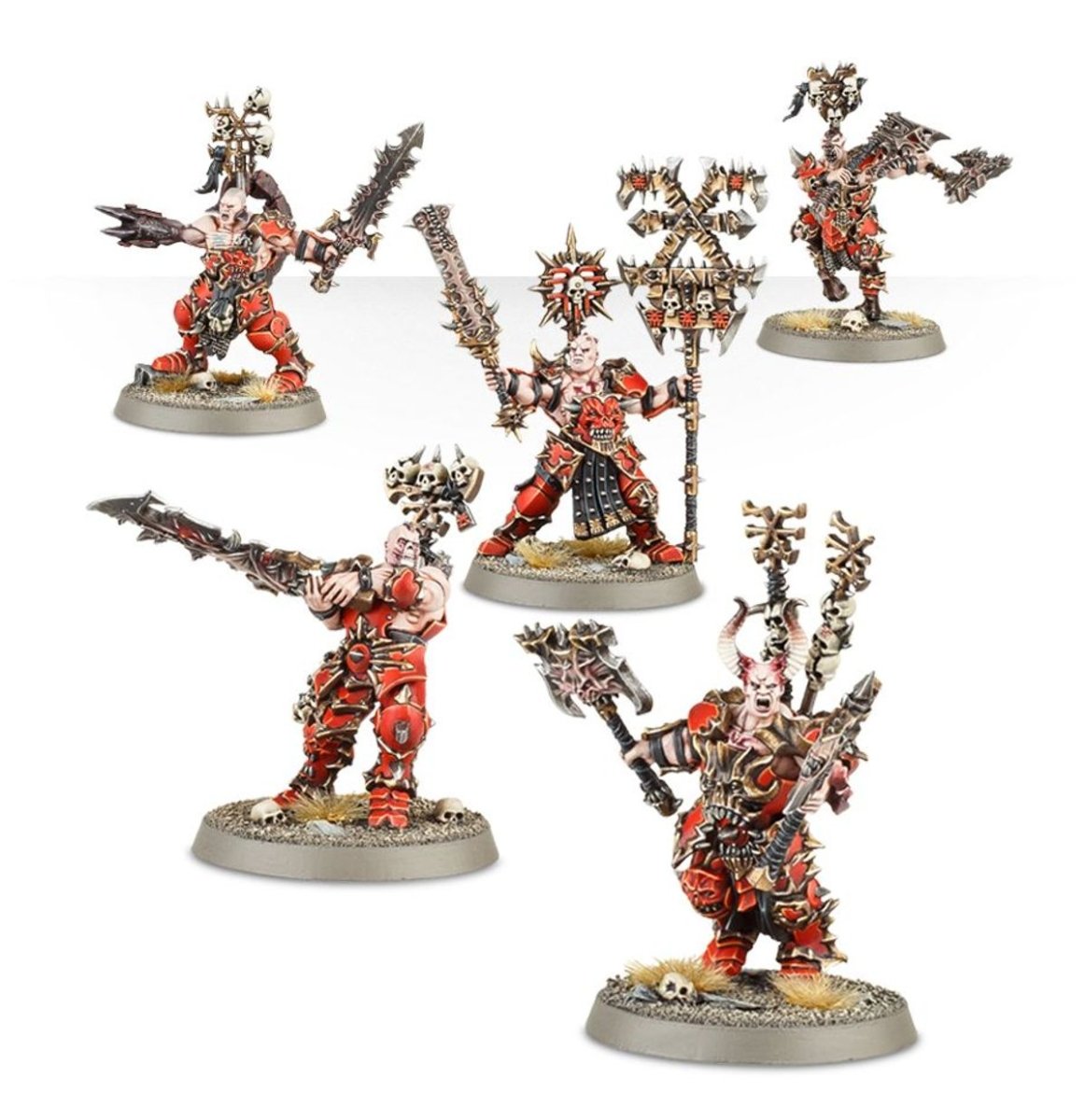 Painted Red Revelation warriors in red armour with axes and icon-topped standards
