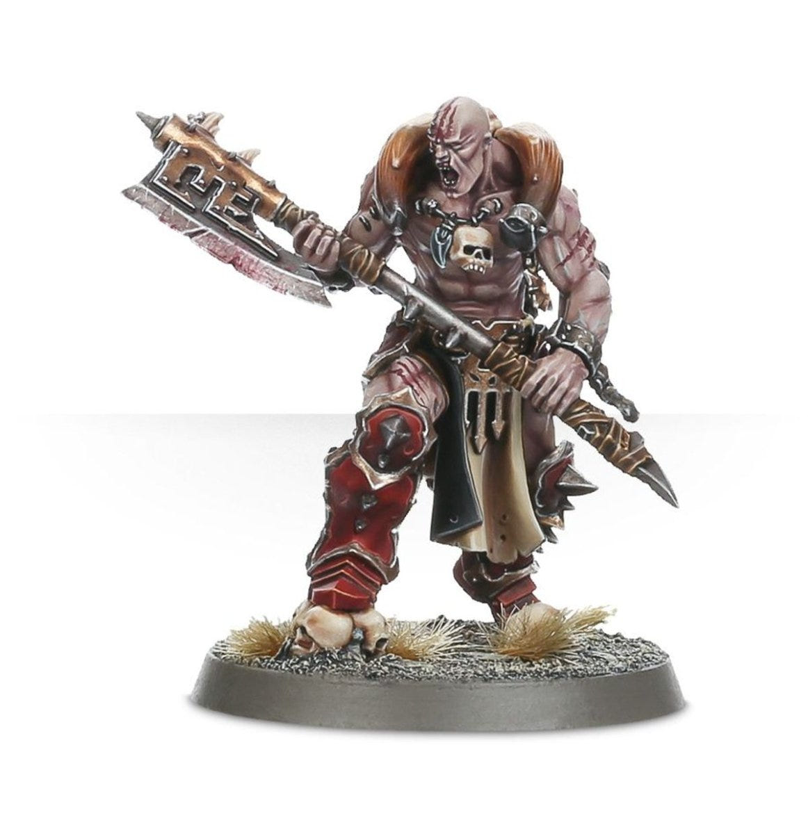 Painted Red Revelation champion with a huge two-handed axe and pale scarred skin
