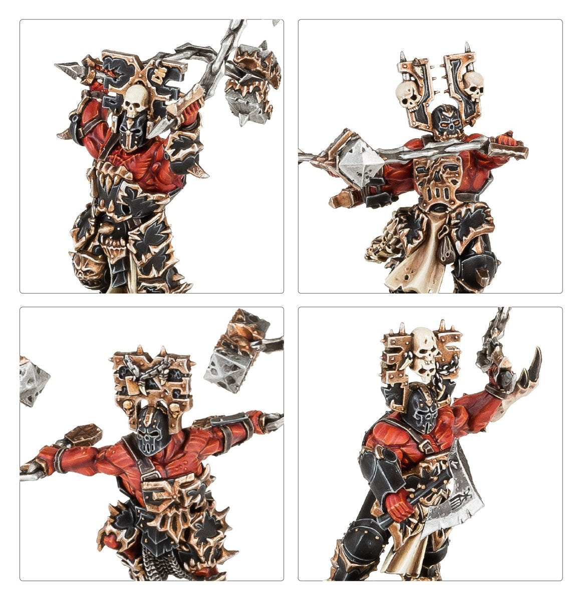 Close-up details of painted Wrathmongers showing masks, skulls and chained flails