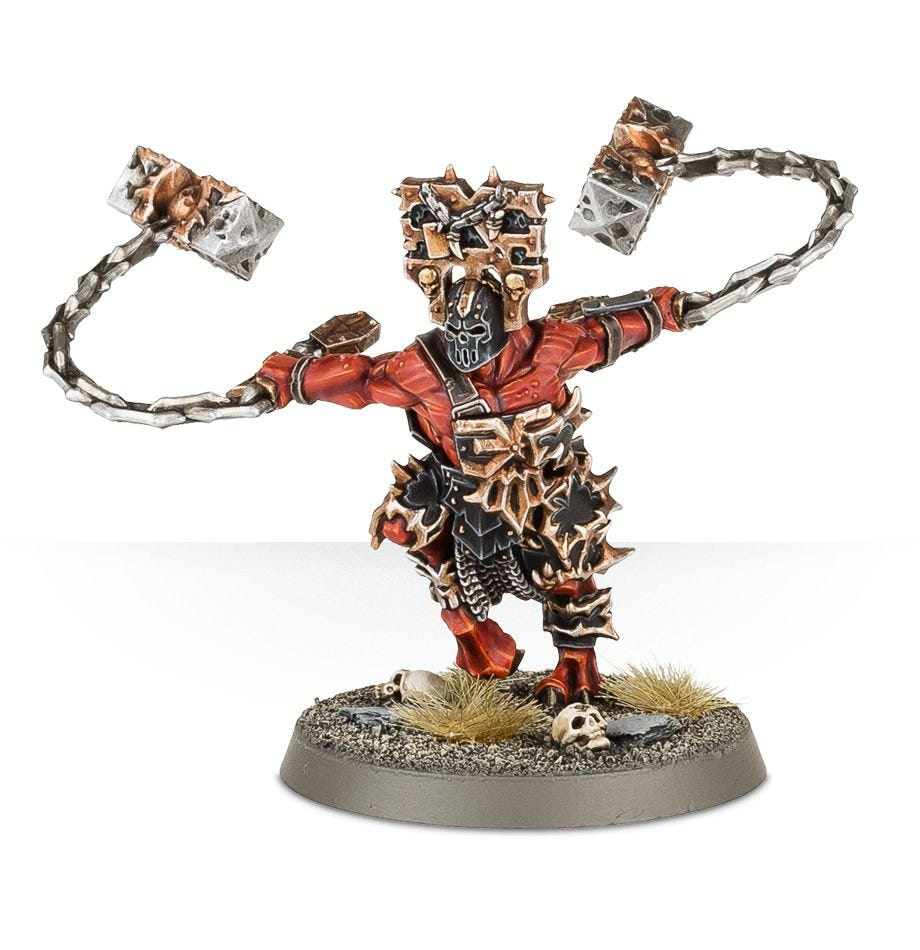 Painted Wrathmonger with skull helm swinging flails out to both sides