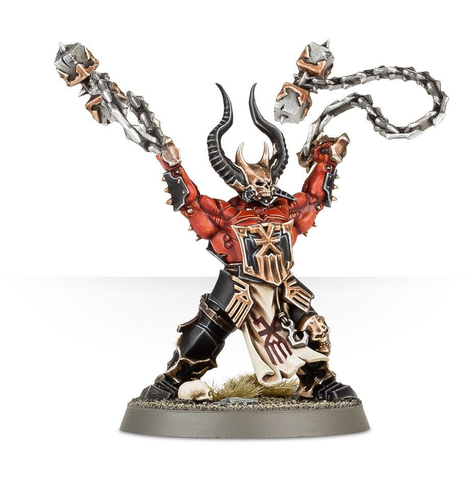 Painted horned Wrathmonger with both wrath-flails raised overhead, front view