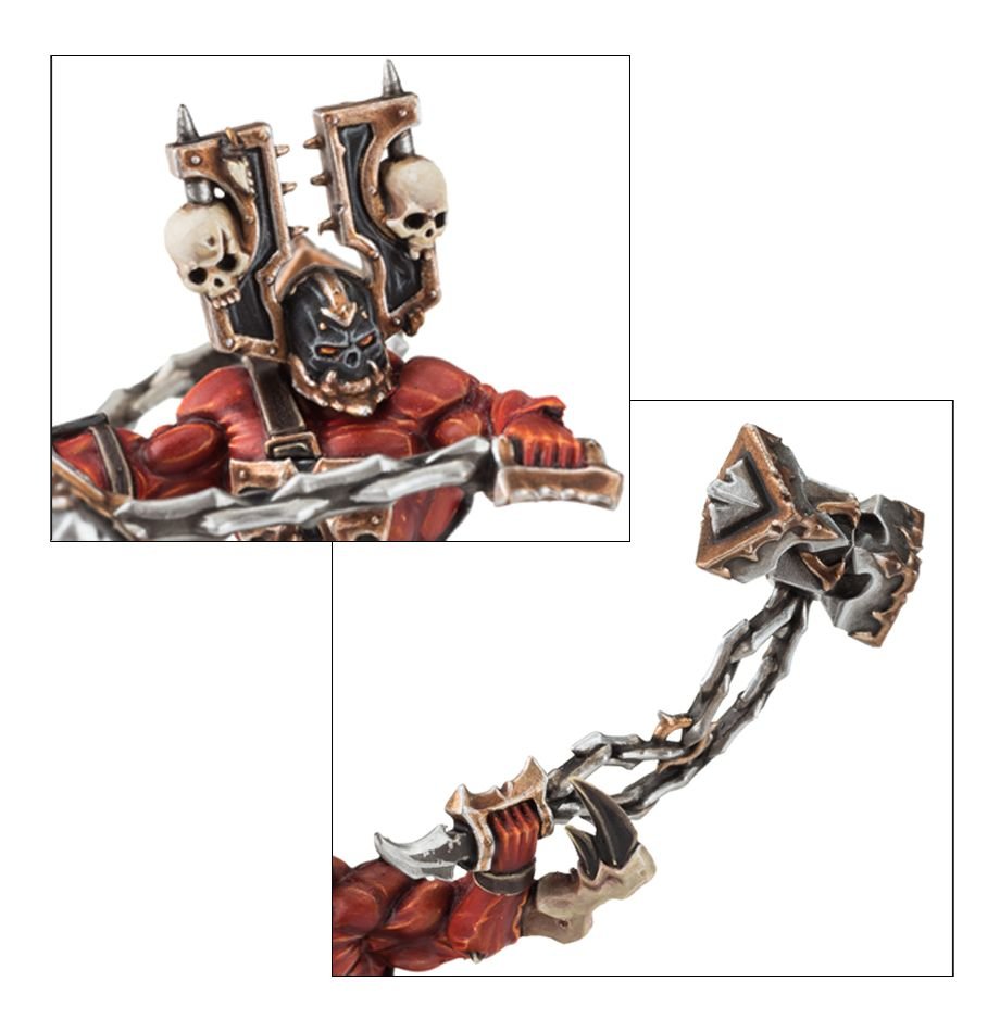 Close-ups of a painted Wrathmonger helm and spiked wrath-flail head on its chain