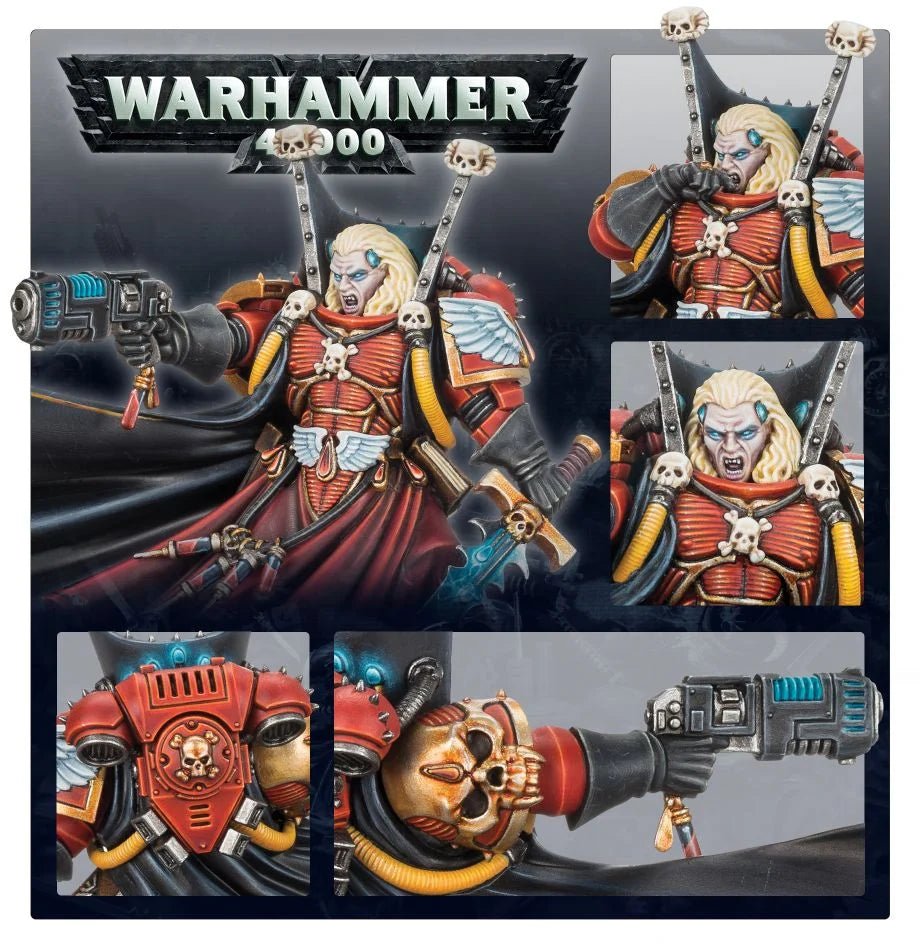Warhammer 40,000 Mephiston promo panel with close-ups of his face, psychic hood and plasma pistol