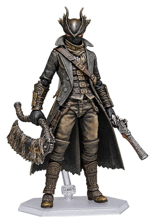 figma Bloodborne: The Old Hunters Hunter figure, front view with saw cleaver and pistol on stand