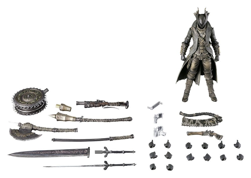 figma Bloodborne: The Old Hunters Hunter figure, with weapons, hands and accessories laid out