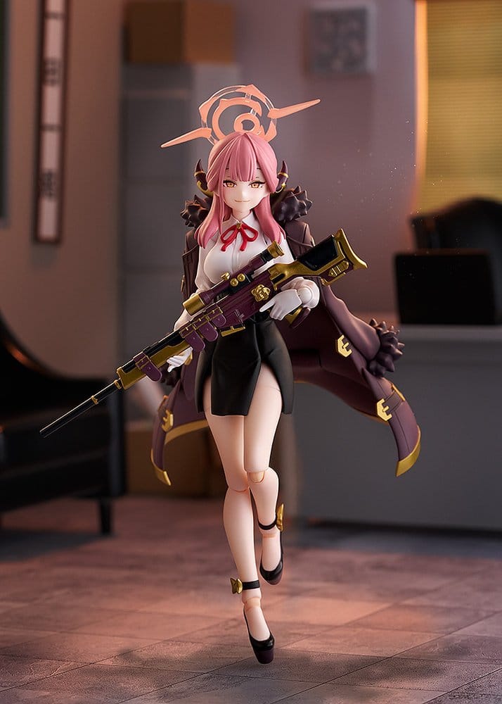 figma Aru Rikuhachima with rifle standing in a dimly lit office scene, Blue Archive