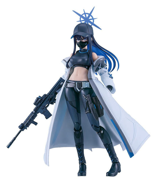 figma Saori Joumae from Blue Archive in cap, mask and white coat holding a rifle, white background