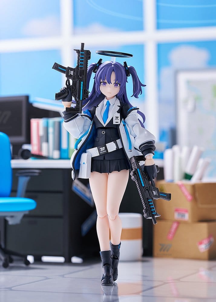 figma Yuuka Hayase with submachine guns standing in an office scene, Blue Archive
