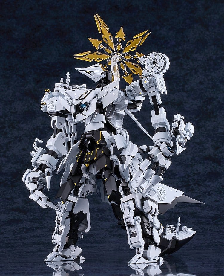 Blue Archive MODEROID Daath combined mecha front view with gold halo, dark backdrop