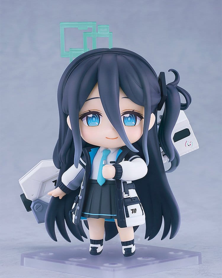 Nendoroid Aris Tendou figure with smiling face plate and railgun on her back, on stand