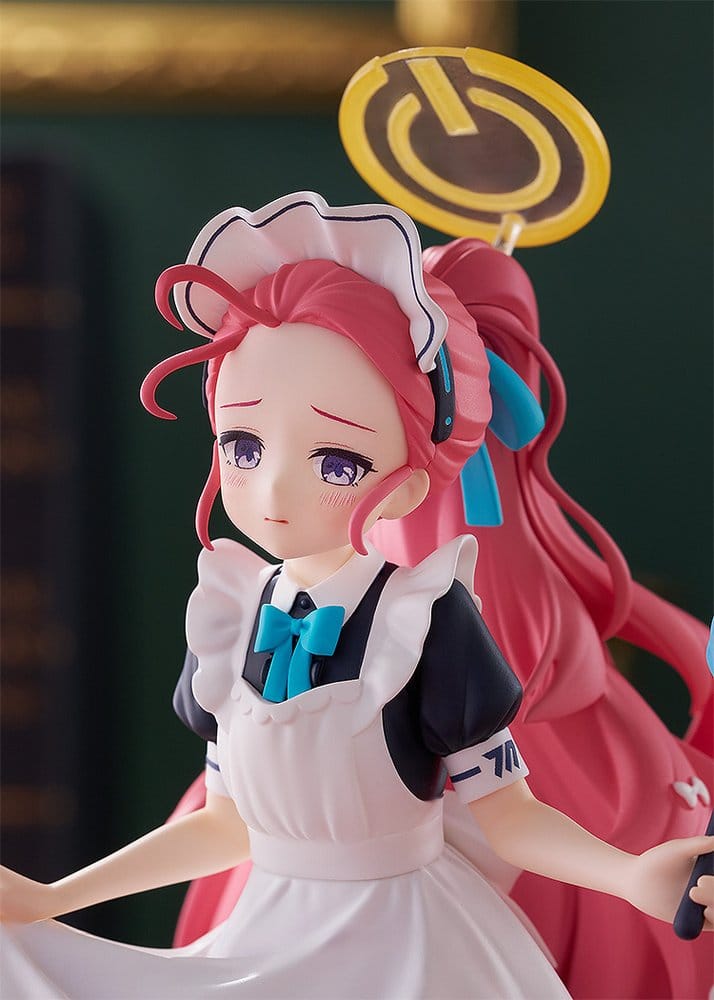 Close-up of Yuzu's shy expression, gold halo and maid headdress on the Pop Up Parade figure