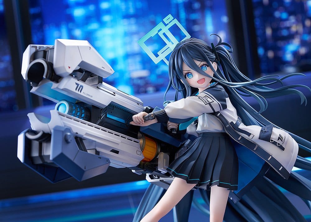 Blue Archive Aris figure swinging her huge railgun against a blue night cityscape