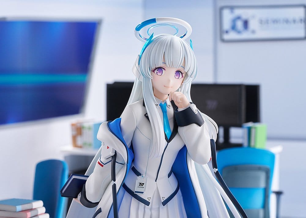 Upper-body view of Noa with hand to chin and halo, in an office setting