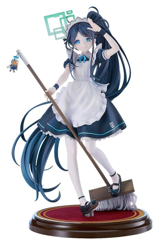 Blue Archive 1/7 scale Aris (Maid) figure with mop on round red base, front view