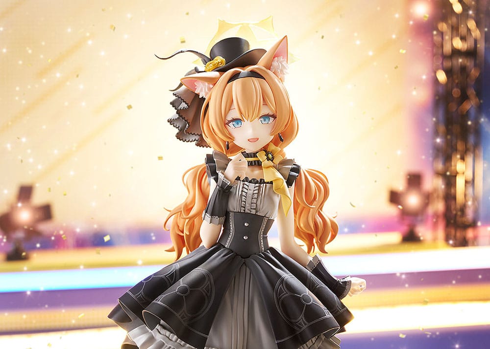 Upper-body view of the Mari Pop Idol statue with cat ears and mini top hat against a stage backdrop