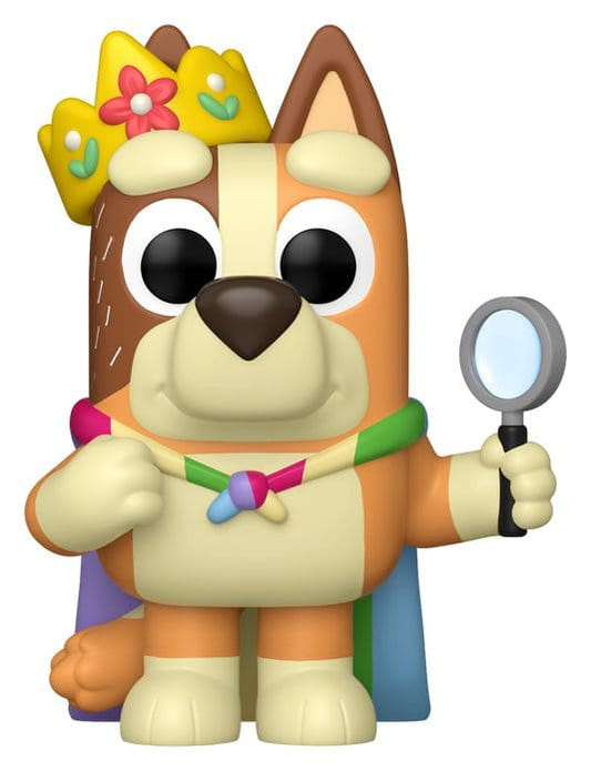 Funko Bluey POP! Animation Queen Chilli vinyl figure wearing a crown and holding a magnifying glass