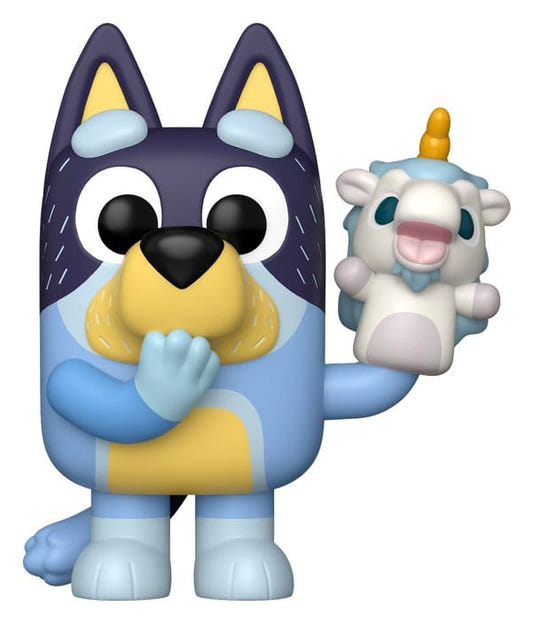 Funko Bluey POP! Bandit vinyl figure holding up a white Unicorse hand puppet