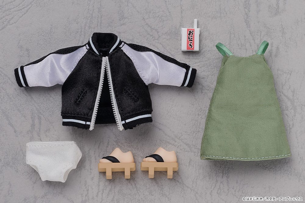 Kikuri Hiroi Nendoroid Doll outfit parts laid flat: jacket, dress, underwear, geta and carton
