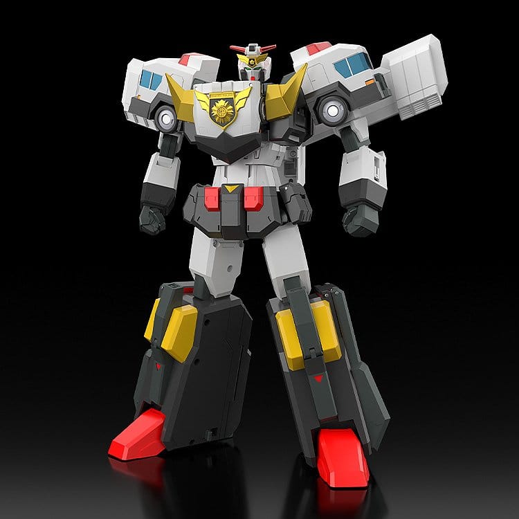 Brave Police J-Decker figure in combined mode, front view on black background