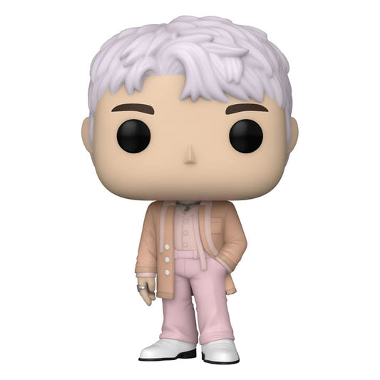 Funko Pop! Rocks BTS J-Hope vinyl figure with lilac hair and pink suit, front view out of the box
