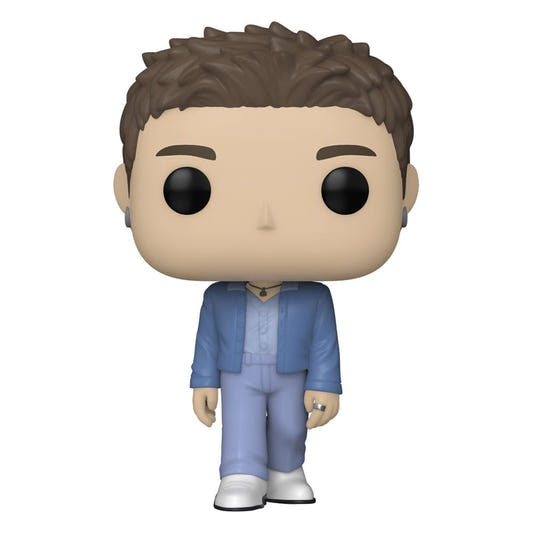 Funko Pop! Rocks BTS RM vinyl figure in a light blue suit, front view out of the box