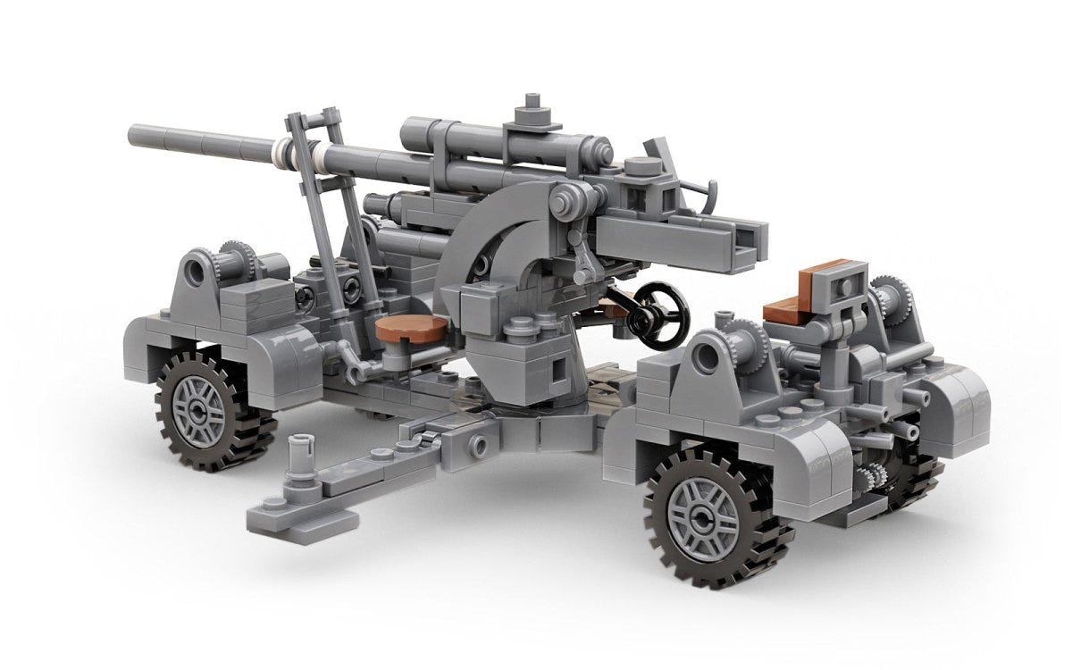 Buildarmy 1:33 88mm Flak 36 brick kit, built gun on wheeled transport carriage, side view