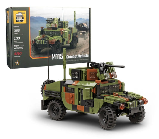 Buildarmy 1:33 Humvee M1151 brick kit, box and built vehicle in green and brown camouflage