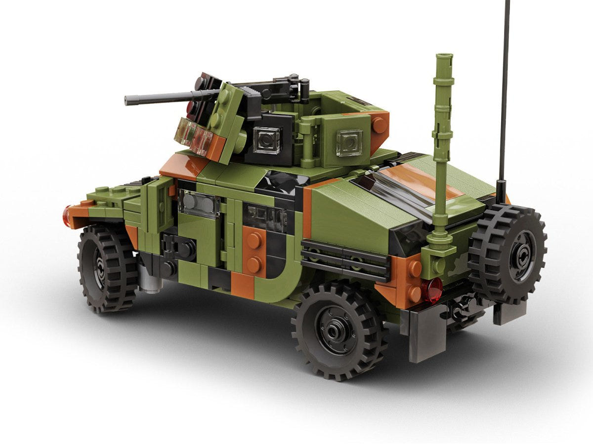 Buildarmy 1:33 Humvee M1151 brick kit, built Humvee, front three-quarter view with roof gun