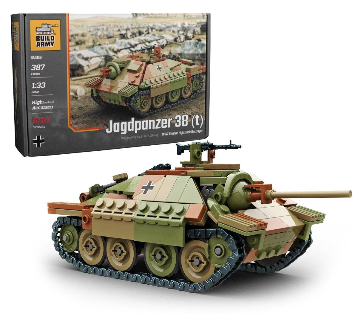 Buildarmy 1:33 Jagdpanzer 38(t) Hetzer brick kit, box and built tank destroyer in tri-tone camouflage