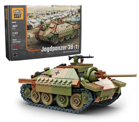 Buildarmy 1:33 Jagdpanzer 38(t) Hetzer brick kit, box and built tank destroyer in tri-tone camouflage