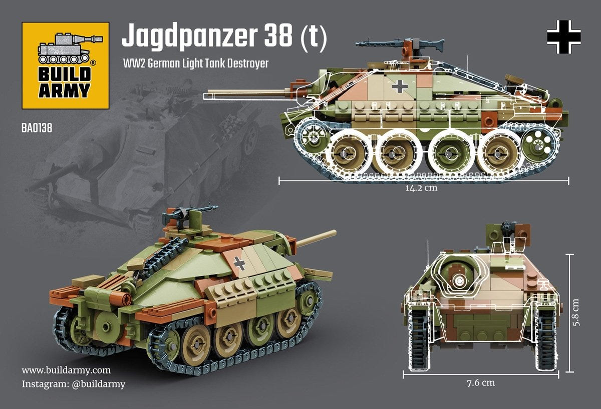 Buildarmy 1:33 Jagdpanzer 38(t) Hetzer brick kit, spec diagram with side, front and dimension views