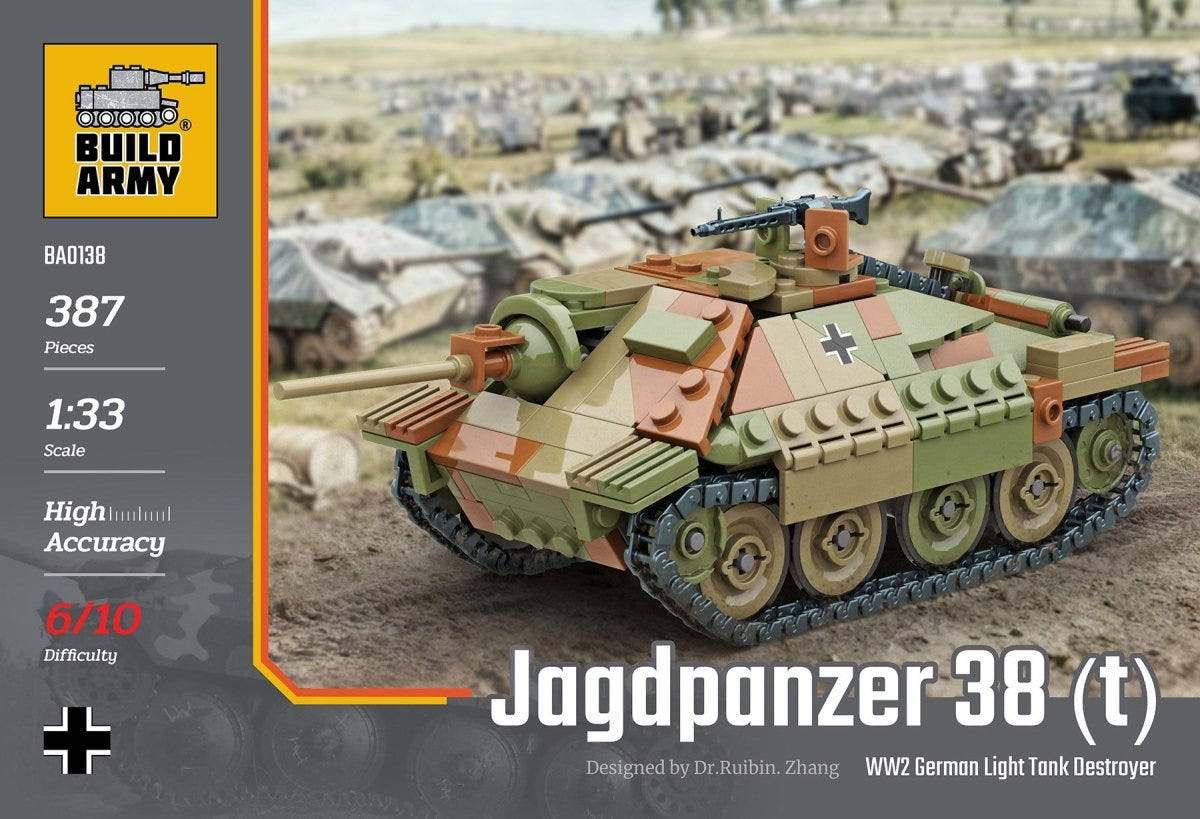 Buildarmy 1:33 Jagdpanzer 38(t) Hetzer brick kit, box art showing the Hetzer in a field