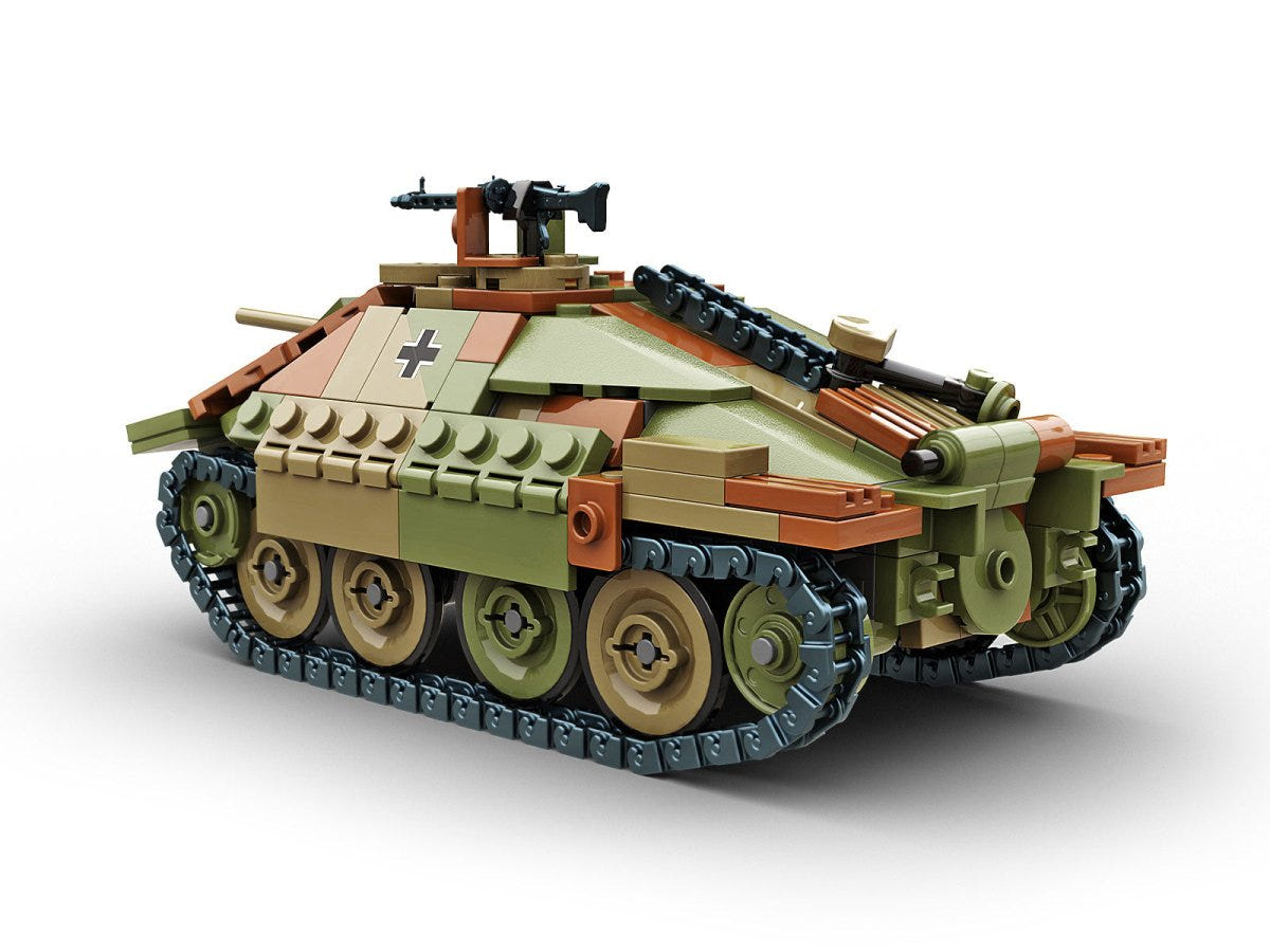 Buildarmy 1:33 Jagdpanzer 38(t) Hetzer brick kit, built Hetzer, front three-quarter view