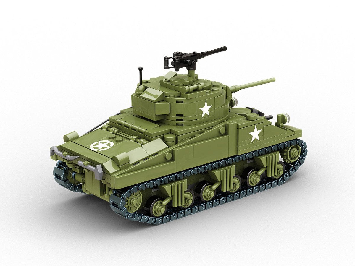 Buildarmy 1:33 M4 Sherman brick kit, built Sherman, front three-quarter view