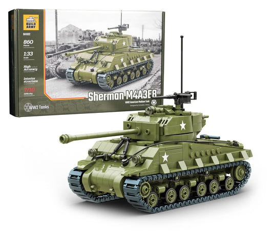 Buildarmy 1:33 Sherman M4A3E8 Easy Eight brick kit, box and built tank in olive drab