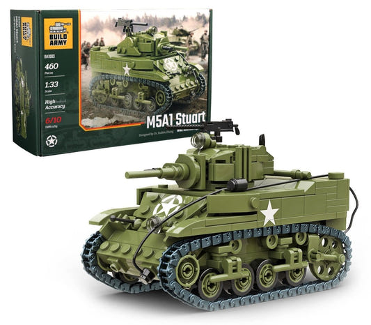 Buildarmy 1:33 M5A1 Stuart brick kit, box and built light tank in olive drab