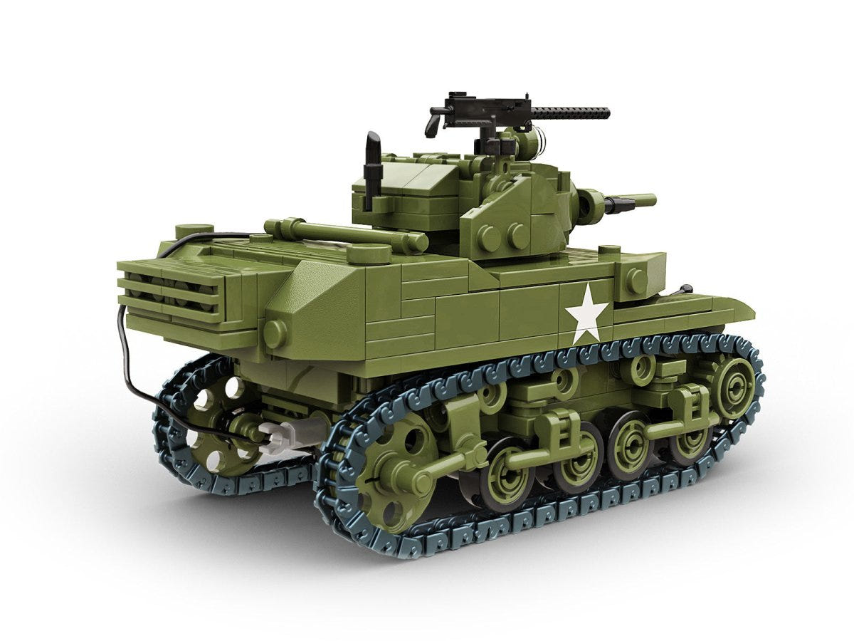 Buildarmy 1:33 M5A1 Stuart brick kit, built Stuart, rear three-quarter view