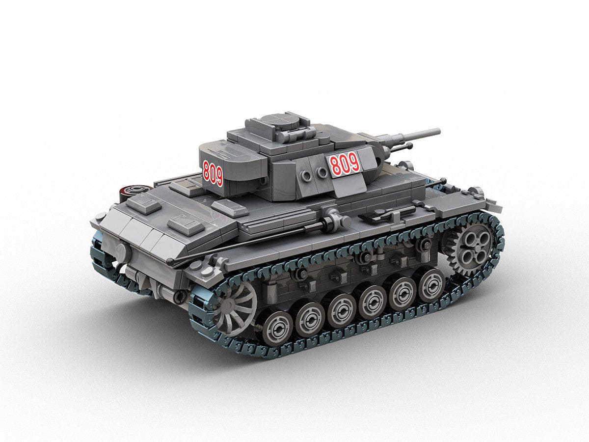 Buildarmy 1:33 Panzer III Ausf.J brick kit, built Panzer III, rear three-quarter view