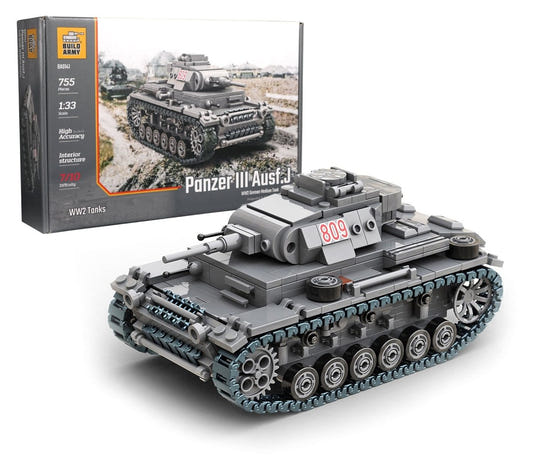Buildarmy 1:33 Panzer III Ausf.J brick kit, box and built tank in grey with turret number 809