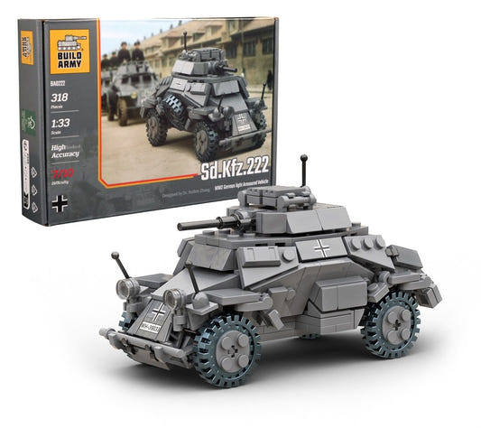 Buildarmy 1/33 Sd.Kfz. 222 armoured car brick kit in grey with turret, shown with its box
