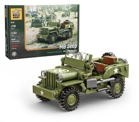 Buildarmy 1/33 Willys MB Jeep building block kit in olive green with white star, beside its box