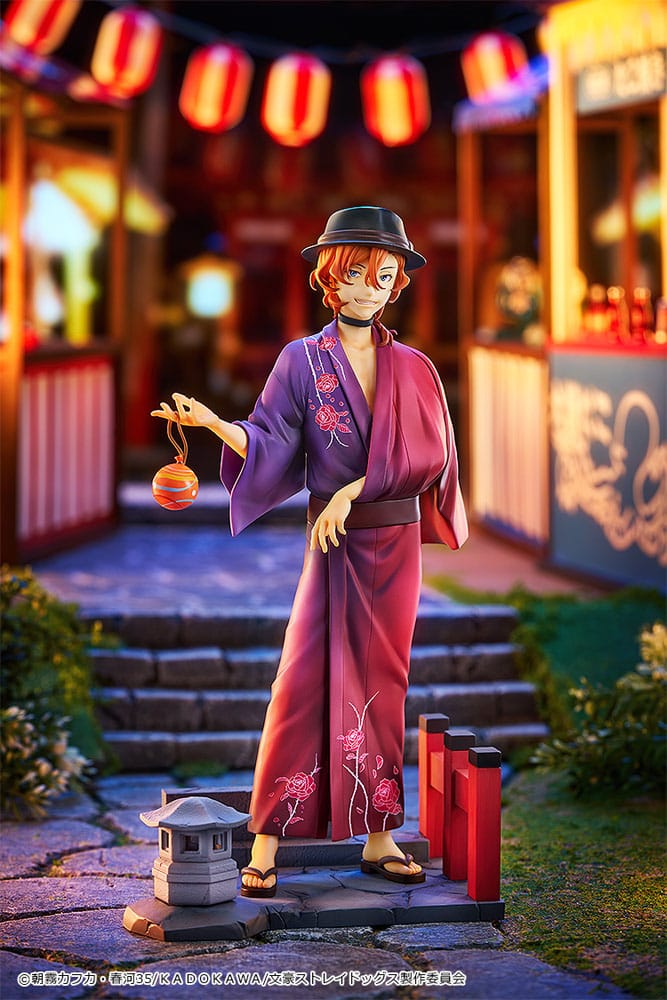 Chuya Nakahara figure in purple yukata holding a water balloon, set against a festival stall scene