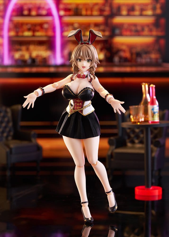 figma Kana with arms outstretched in a neon-lit bar setting, Max Factory Bunny Garden 2