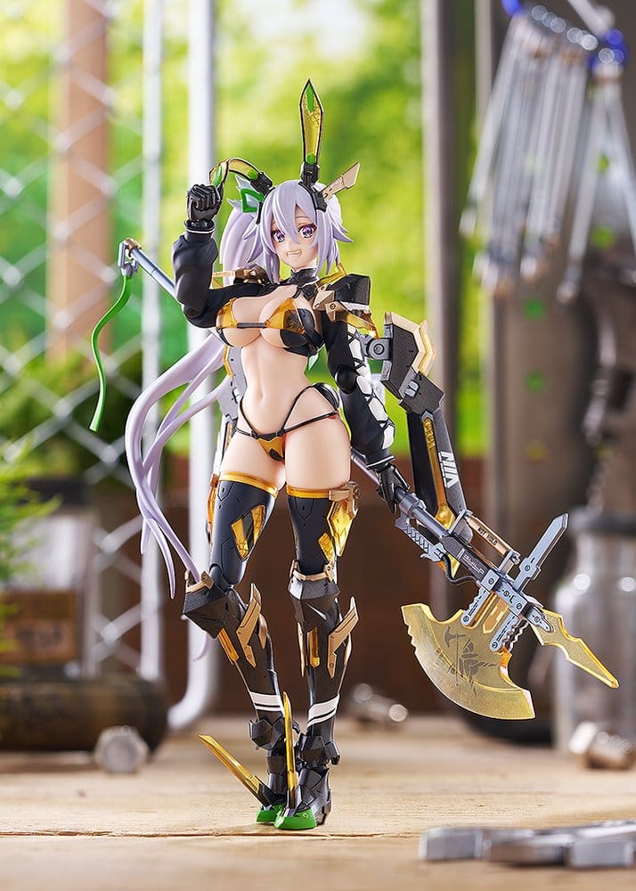 figma Silva Barrelline with halberd standing in a garden workshop scene, Bunny Suit Planning