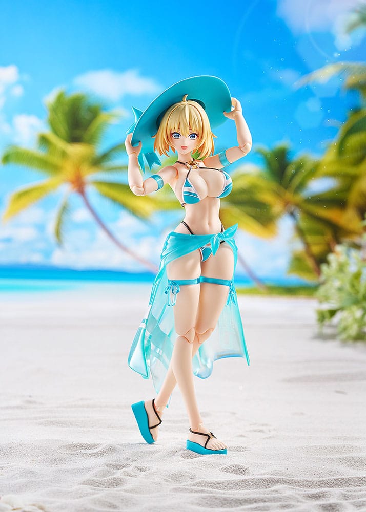 figma Sophia F. Shirring Swimsuit Ver. in sun hat and sarong on a sunny beach scene