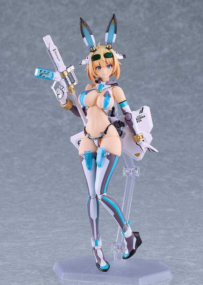 Bunny Suit Planning figma Sophia F. Shirring front view on a clear stand with her weapons