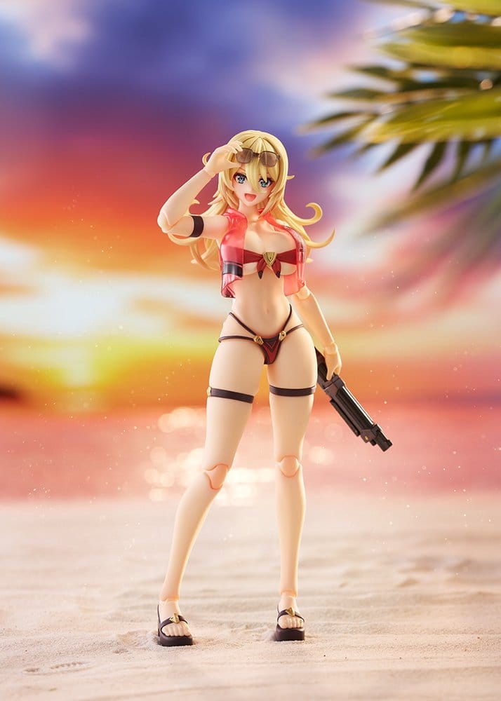 figma Veronica Sweetheart in a red swimsuit posed on a sunset beach, Max Factory