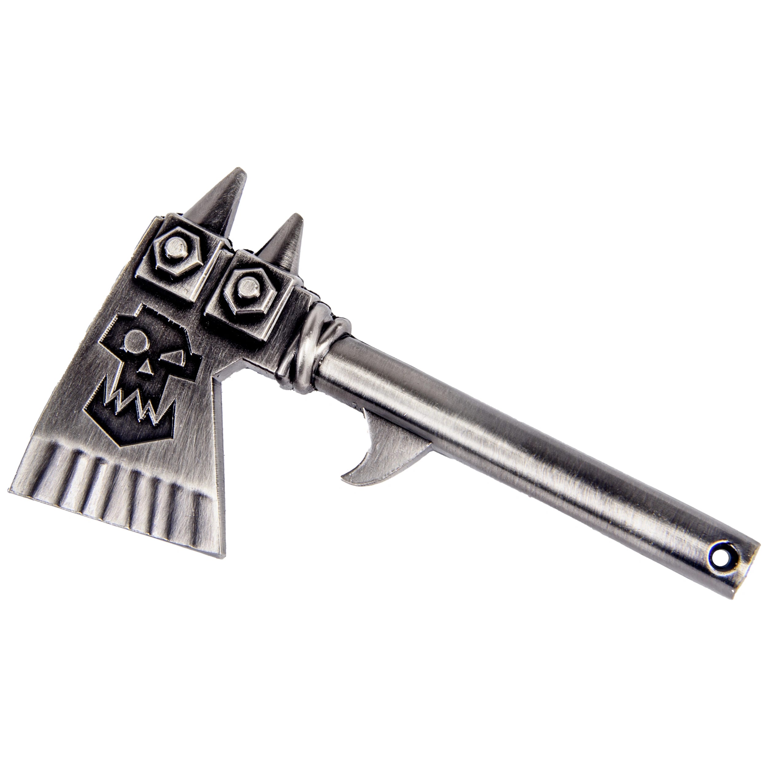 Warhammer Ork choppa bottle opener in antiqued metal with Ork glyph on the blade