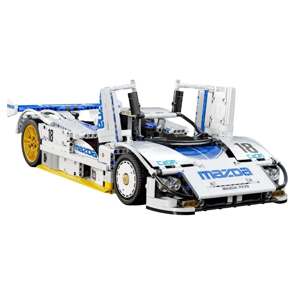 CaDA 1:10 Mazda 787B race car brick kit, built car side view with doors open